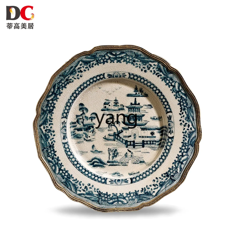 

LXL Retro Blue and White Ceramic Inlaid Copper Wall Hangings Decorative Hanging Plate