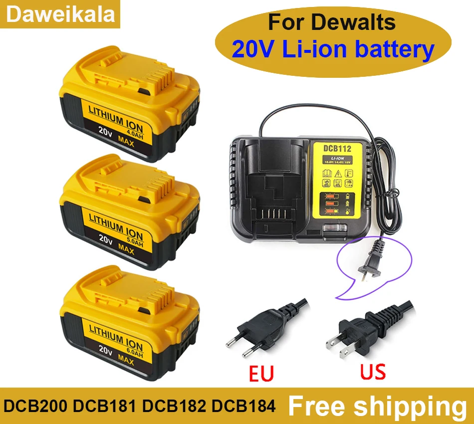 

New 18V 6.0Ah MAX XR 18650 Battery Power Tool Replacement for DeWalt DCB184 DCB181 DCB182 DCB200 20V 6A 18v Battery with Charger