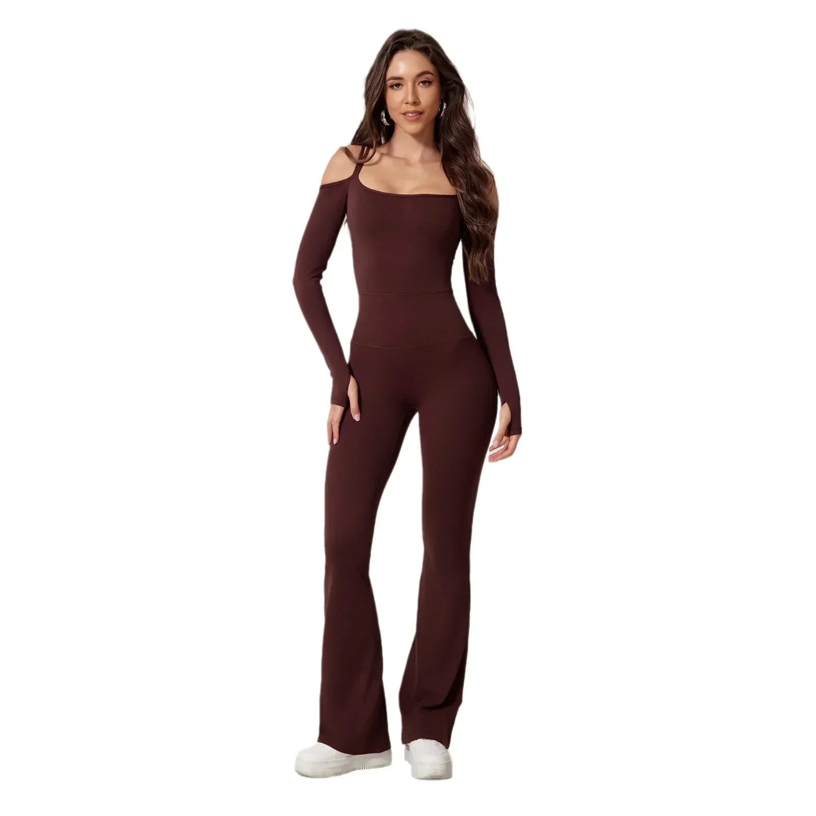 Yoga Set Women Seamless Jumpsuits Sports Fitness High Waist Hip Raise Long-Sleeved Flared Pants Workout Gym Leggings