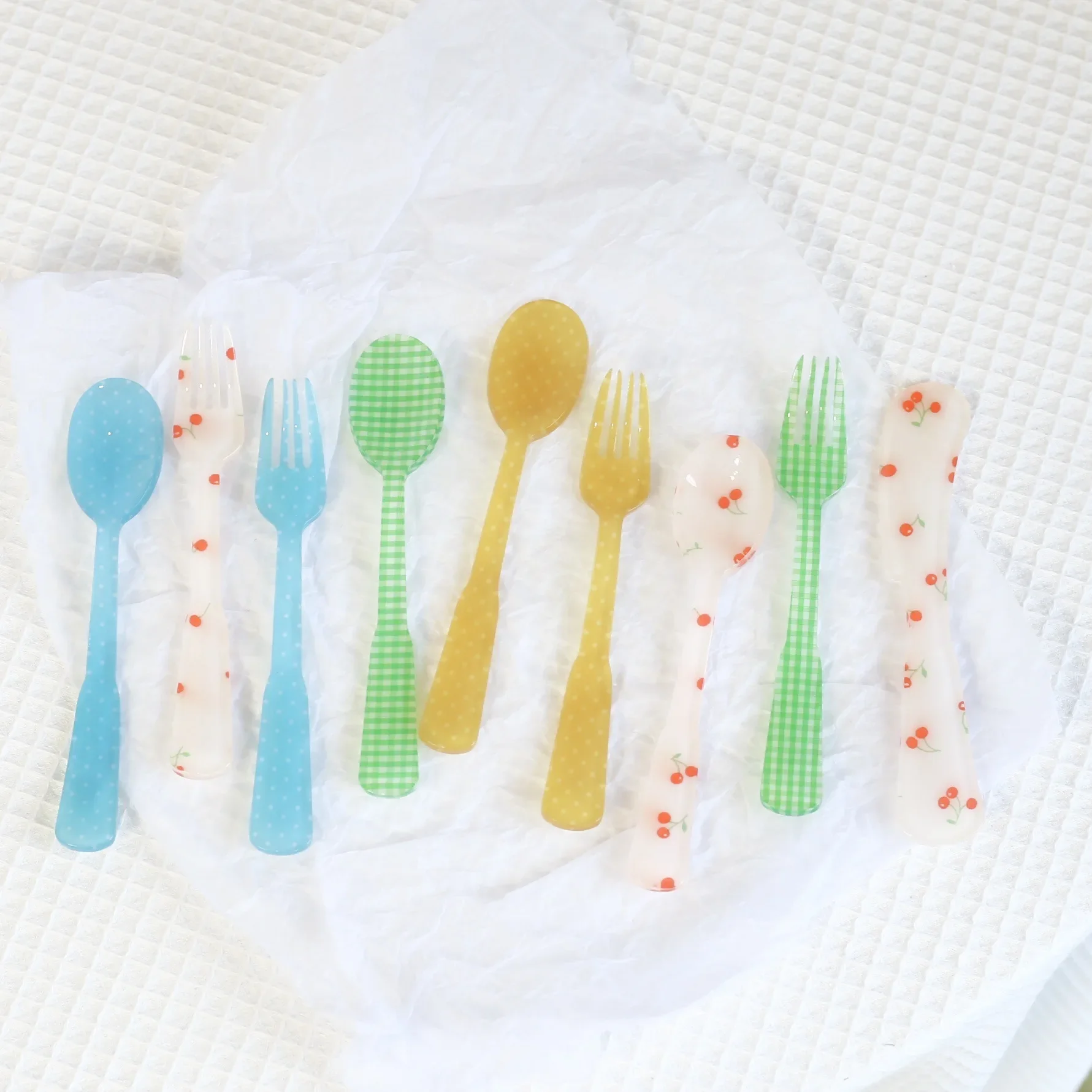 한국 일본 인스 플라스틱 포크 스푼, 스트라이프 격자 깨진 아크릴 포크 스푼, 시뮬레이션 식기, 플라스틱 사진 소품