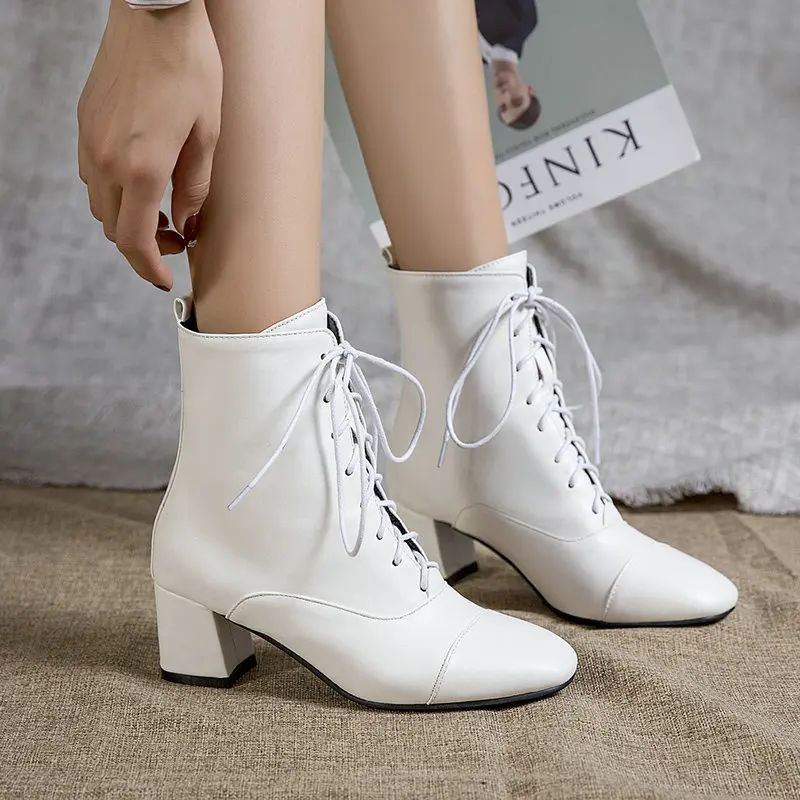 Autumn Winter Women Boots Fashion Square High Heel Shoes Elegant Lace Up White Ankle Boots Black Party Office Shoes Woman 34-43