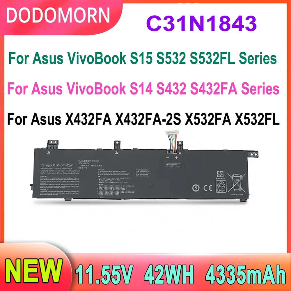 Nova Bateria do Portátil C31n1843 para Asus Vivobook S14 S432 S432fa S432fl S15 S532 S532fa S532fl X432fa X532fl 11.55v 42wh 4335mah