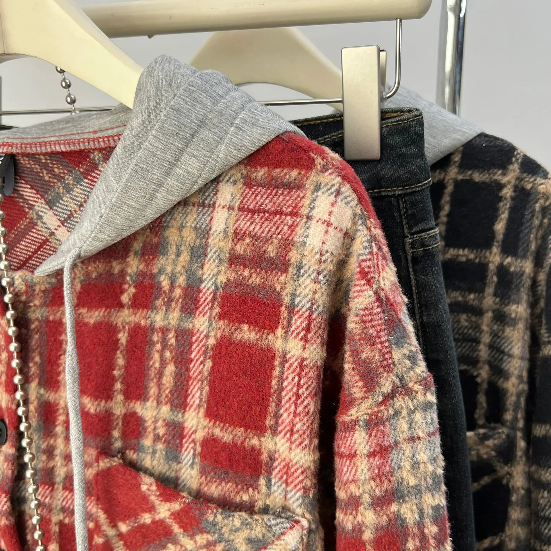 Plus Size Women's Brushed Plaid Hooded Jacket Retro Loose-Fit Spring/Autumn Casual Shirt Oversized Chic Outerwear