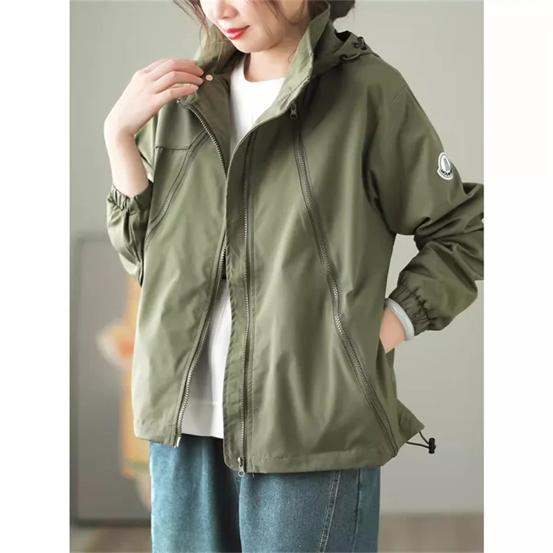 

Retro Casual Drawstring Waterproof Jacket Coat Female 2024 Spring and Autumn New Zipper Fashion Tooling Hooded Jackets Top