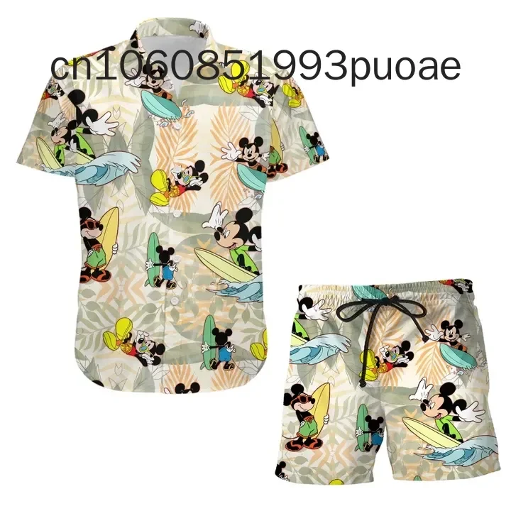 2024 New Mickey Mouse Summer Vacation Beach Hawaiian Shirt And Board Shorts Disney Fashion Short Sleeve Shirt Set 3