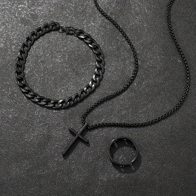 Men's 3pcs Fashion Alloy Jewelry Set - Cross Pendant Necklace, Bracelet & Ring Combo 6