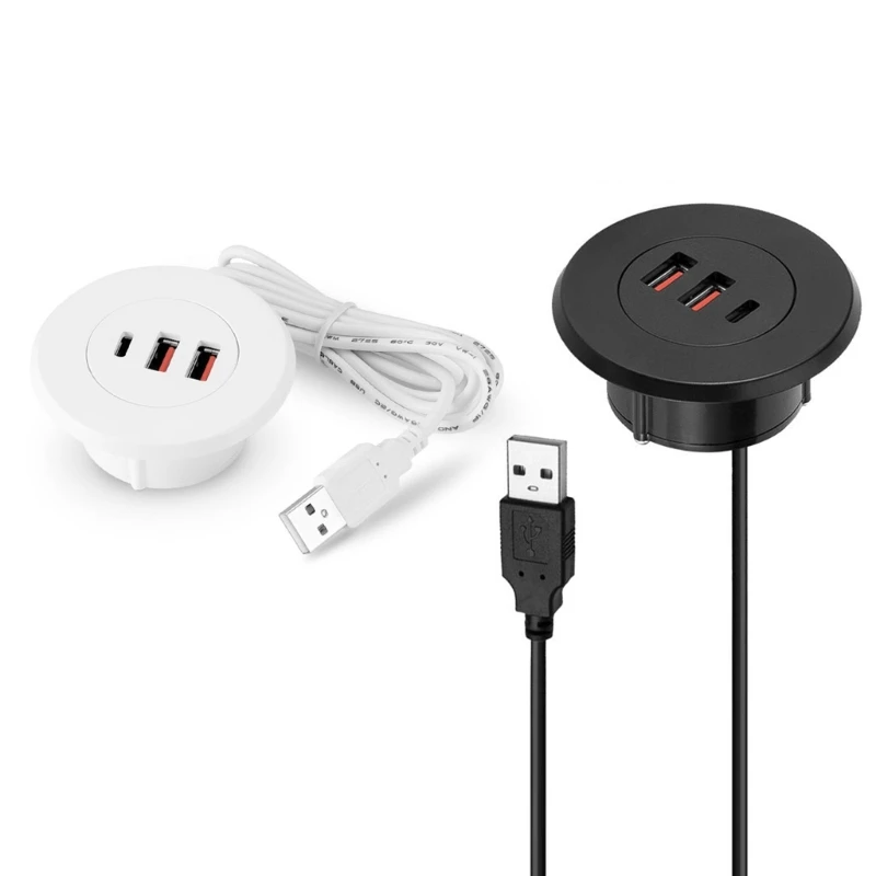 N3UD Desk Charging Adapter Round Embedded USB Type C Hub Space Saving for Efficient Device Charging