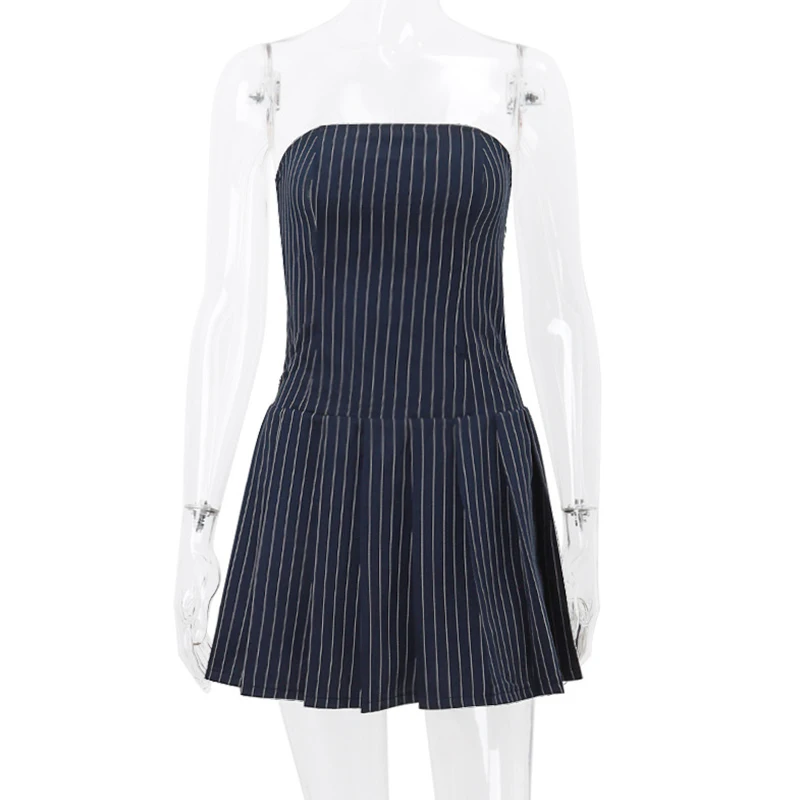Strapless Mini Dress y2k Aesthetic Clothes Women Striped Pleated A Line Dress 2000s Cocktail Party Dresses Streetwear