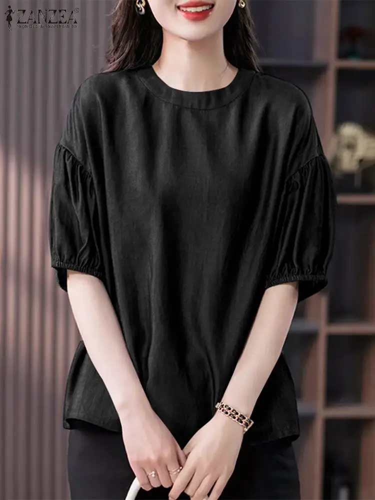 ZANZEA Vintage Elastic Cuffs Tunic Tops Women Solid Blouse 2024 Summer Lantern Half Sleeve Shirt Casual Loose Round Neck Blusas