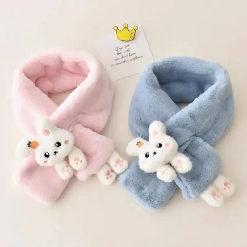 Baby Scarf 1pcs Boys Girls Winter Scarfs Thick Plush Cros Children's Bib Cute Cartoon Rabbit Faux Fur Neck Protection Warm Shawl