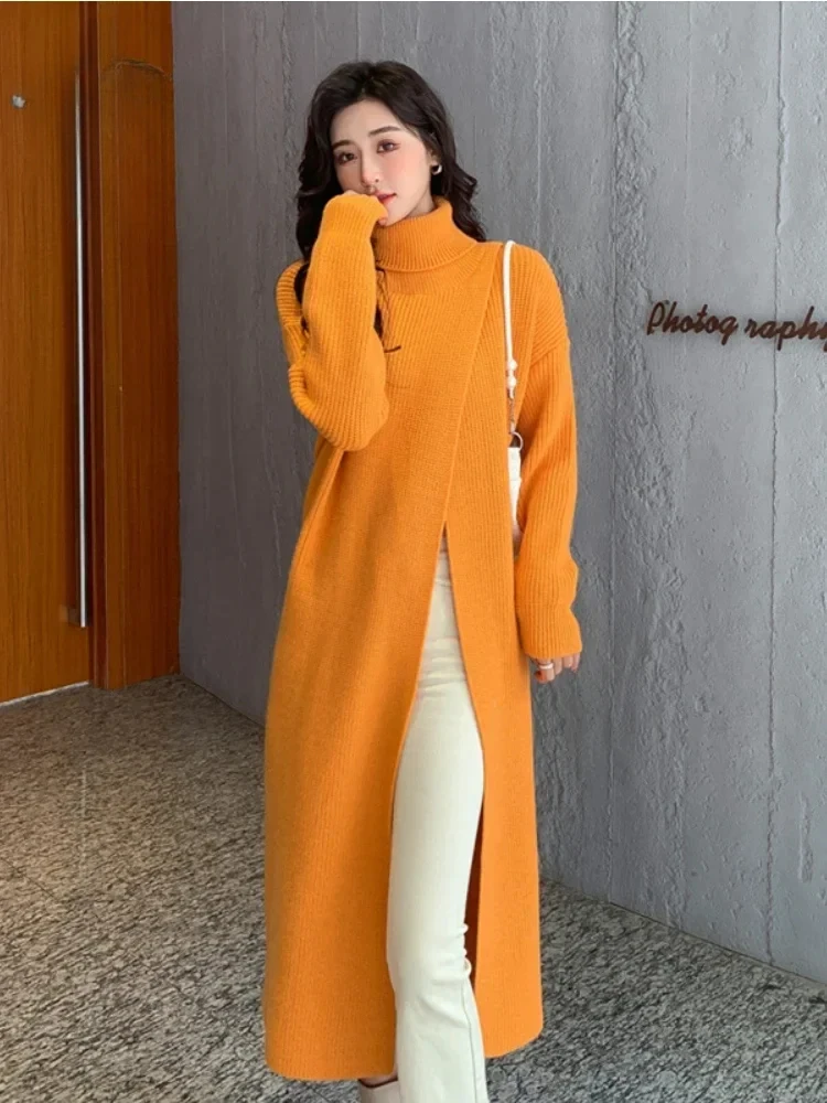 

New in Autumn Winter Women Knitted Pullover Long Dresses High Necked Split Loose Sweater Dress Casual Temperament Women Clothes