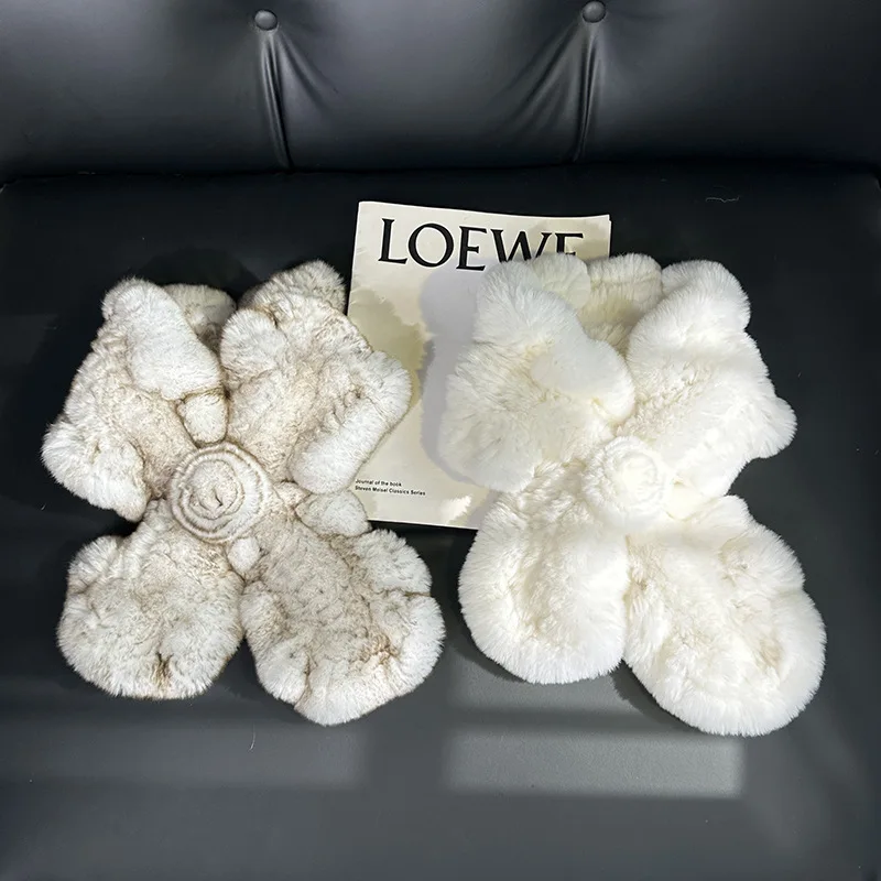 Doppelseitig gestrickter echter Rex-Kaninchenfell-Schal für Damen, handgefertigt, gerüscht, für den Winter, warm, modisch, flauschiger Wickel – Detail 27