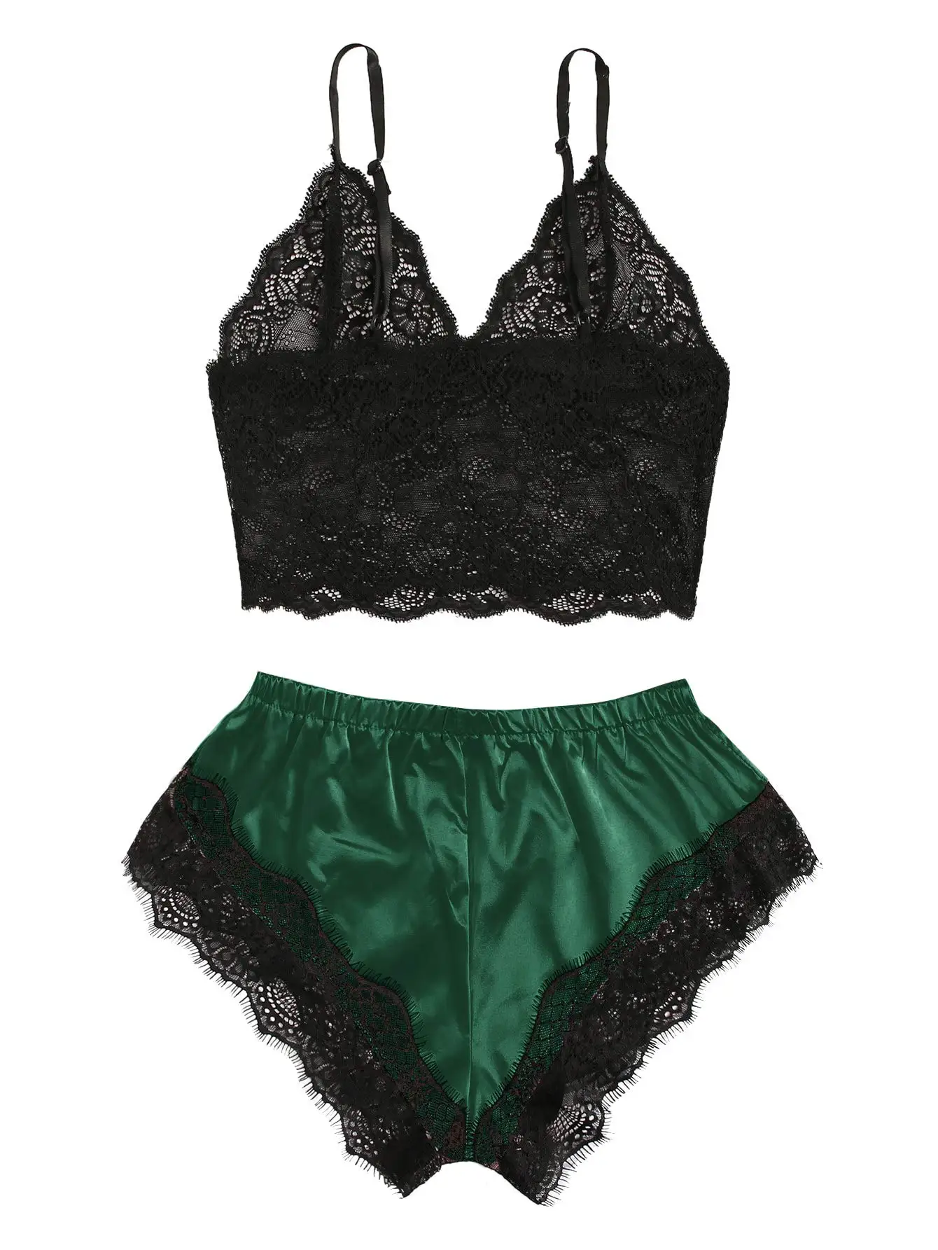 2PCS Women's Satin Pajama Set Lace Cami Top And Shorts Sexy Lingerie Sleepwear Summer Breathable Nightwear Black And Pink_ecoleips.com