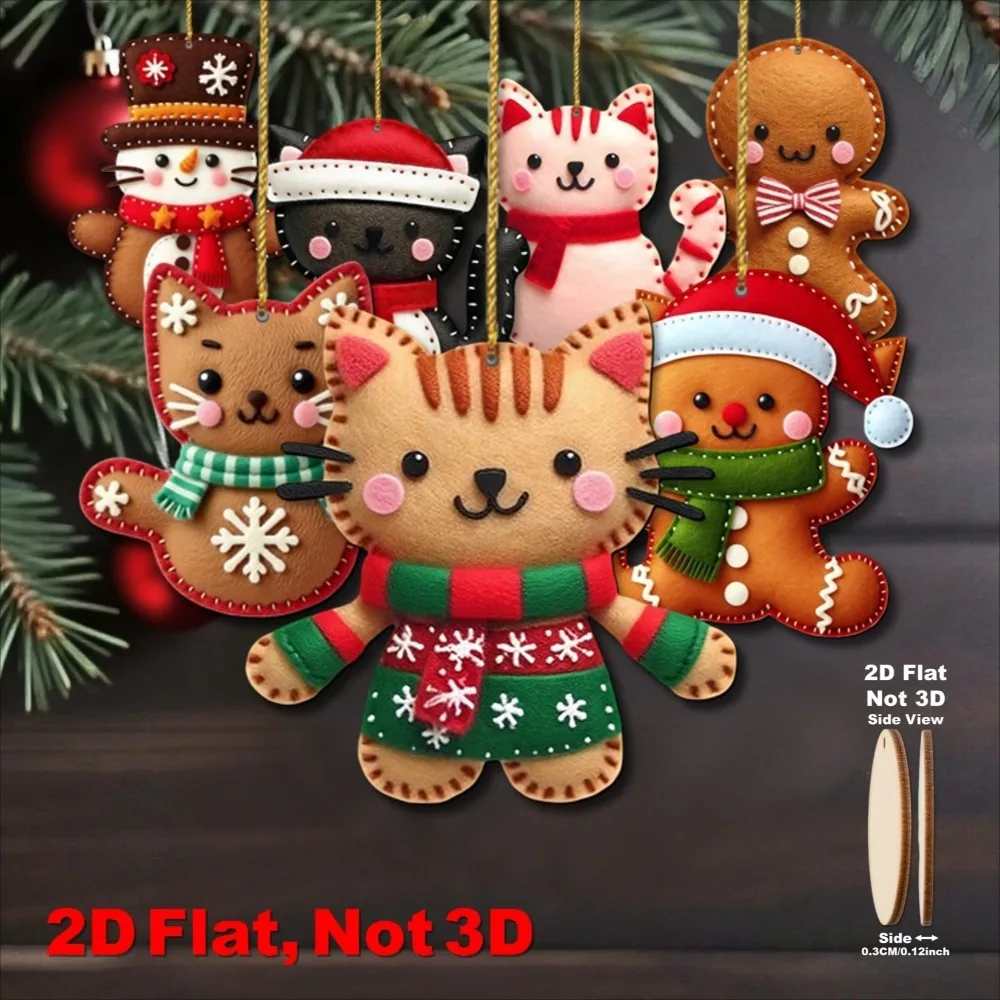 8/16Pcs Cute Cartoon 2D Flat Gingerbread Cat Tree Toppers Decoration Christmas Tree Hanging Decorative Pendants Ornaments