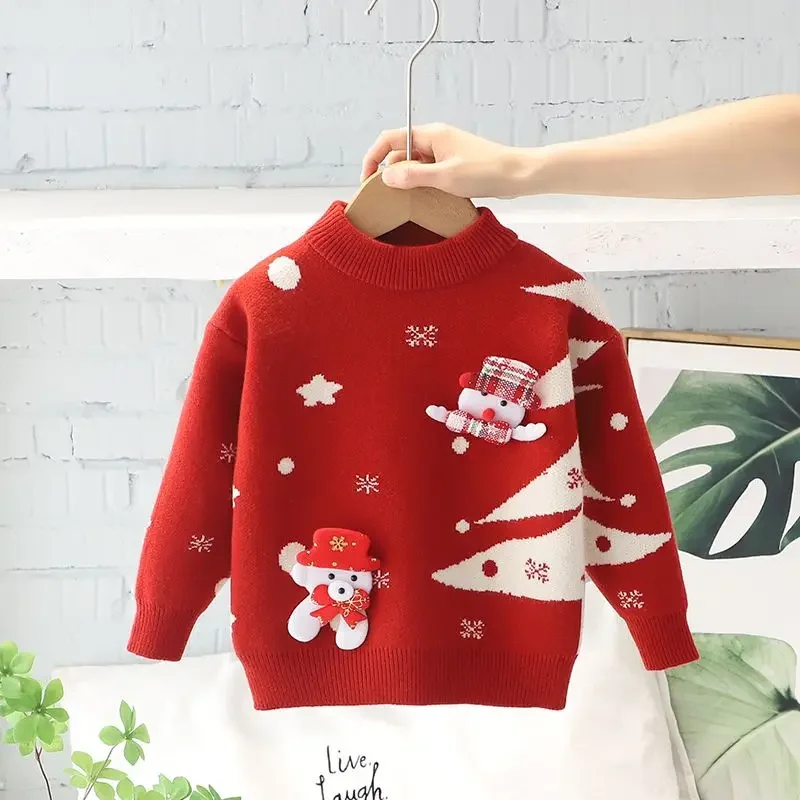 

Boys' Girl's Sweater Pullover Fleece-Lined Thickened Children's Baby Christmas Cartoon New Year Clothes Red Sweater