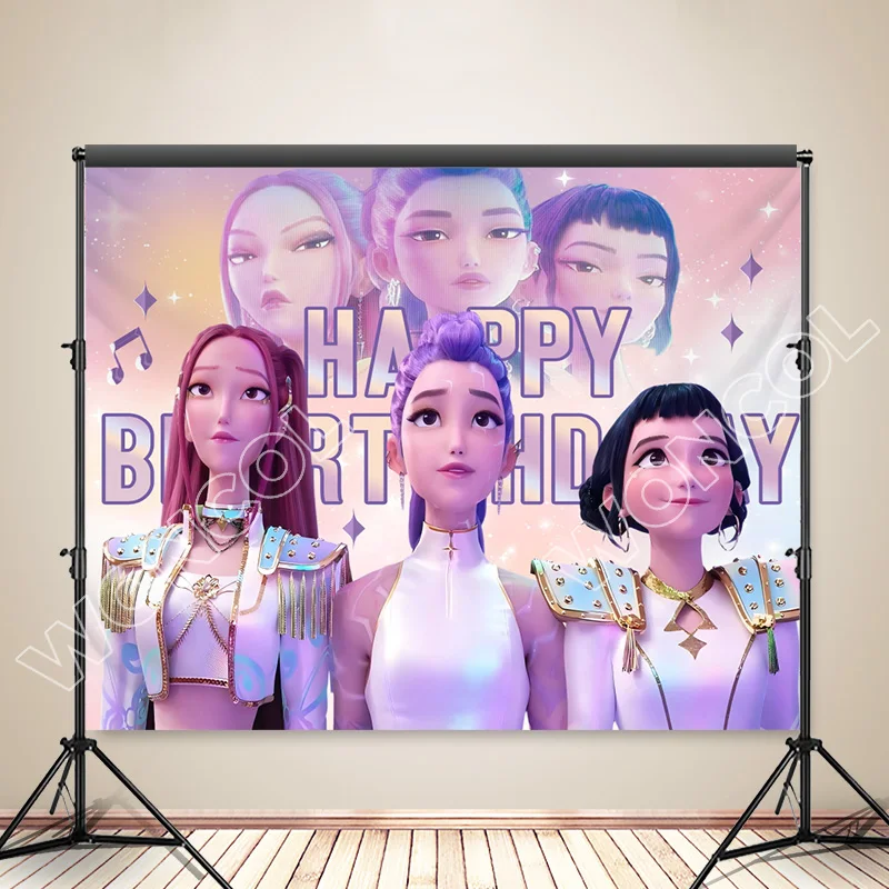 רקע למסיבת יומולדת לבנות KPop Demon Hunters, רקע למסיבת יומולדת לבנות Rumi Mira Zoey, דגל למסיבת ילדים, קישוט למסיבת ילדים, אביזרי צילום