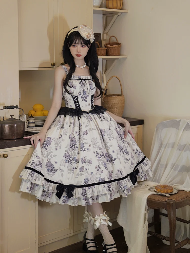 

With Puji Original Design Elegant Cla Strap Adjustable Rose Print Dress LO Cos Lolita Dress