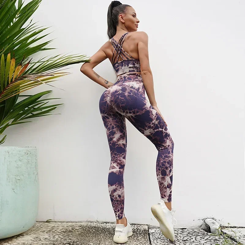 Seamless Tie-Dyed Yoga Sets Sports Fitness High Waist Hip Raise Pants Cutout Bra Suit Workout Clothes Gym Leggings Set For Women yoga set sports set gym workout set sportswear set fitness set sports bra set yoga pants set