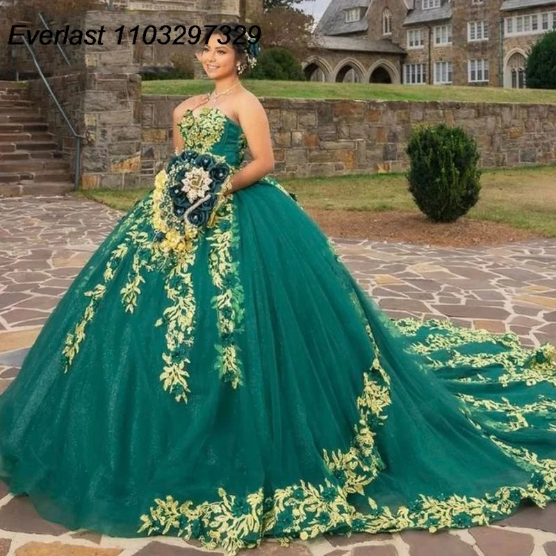 

EVLAST Green Quinceanera Dress Ball Gown Gold Lace Applique Beading Bow Corset Mexico Sweet 16 Vestidos De XV 15 Anos TQD657