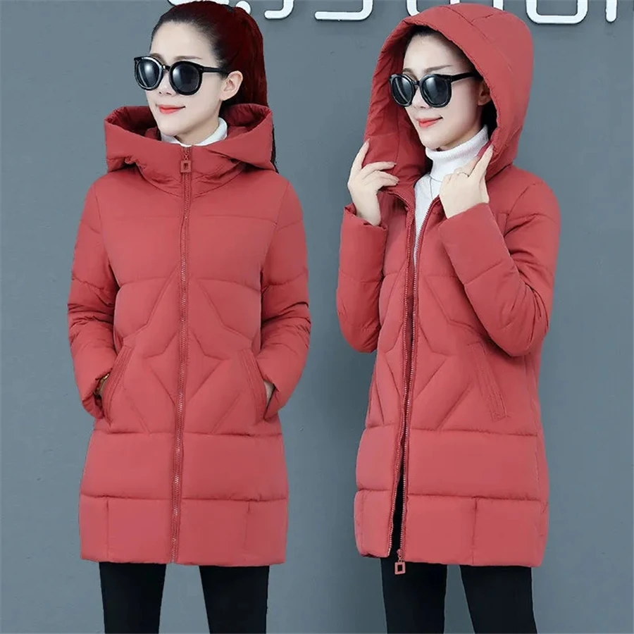 meados de comprimento algodão acolchoado com capuz solto casaco feminino inverno quente casaco grosso sobretudo oversized outwear topo vermelho casual parka