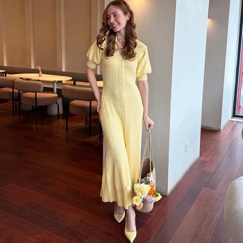 Tuularose Knit Puff Sleeve Long Dress For Women V Neck Single Breasted High Waist Dress Female 2025 Summer Fashion Slim Dresses 1