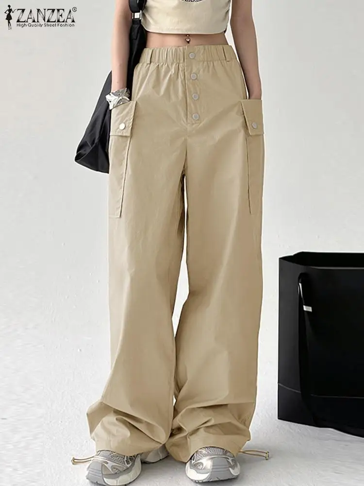 

Брюки ZANZEA женские с высокой эластичной талией, модные штаны-карго с карманами, повседневные свободные брюки оверсайз с широкими штанинами, осень 2024