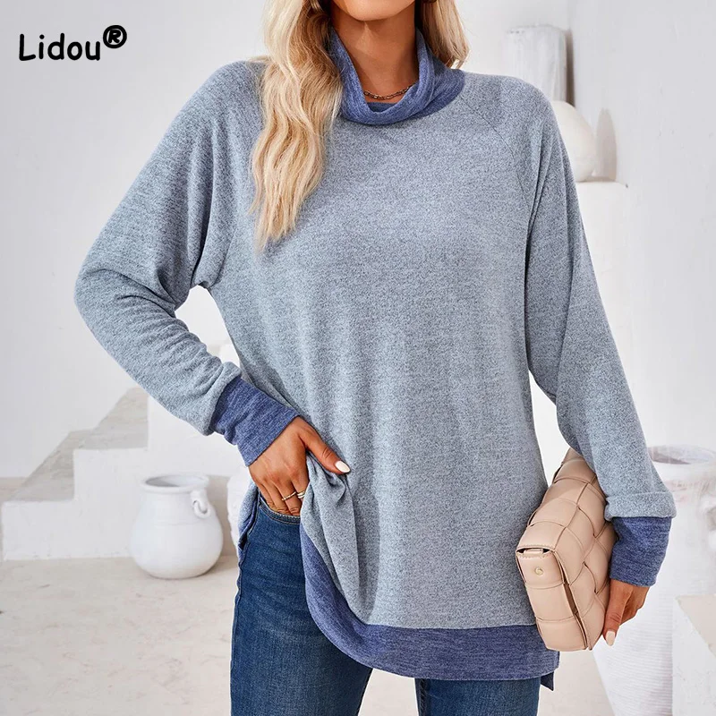 

Women's Scarf Collar Color Matching Long Sleeved T-shirt Autumn and Winter Colored Cotton Cashmere Loose Fitting Pullover Tops