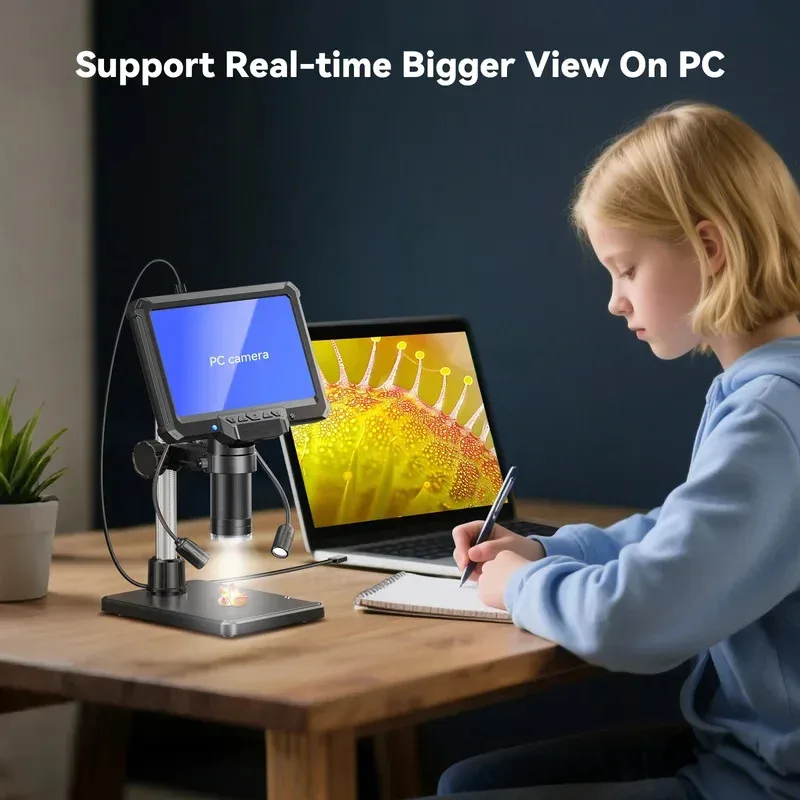 새로운 디지털 현미경 4.3인치 1200배 확대 동전 PCB 회로 수리용 16MP HD 납땜 현미경 조명 포함, PC 보기