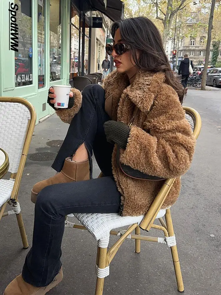 

Fashion Lapel Zipped Fleece Plush Jacket Women Casual Thicken Long Sleeve Warm Short Fur Coat Winter Ladies Street Loose Coats