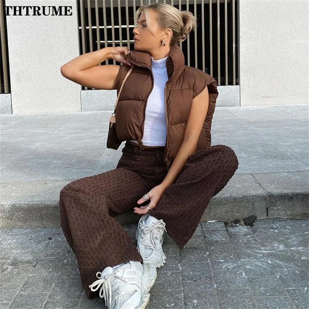 Elegant Quilted Chic Coats Fashion Sleeve Stand Collar Zipper Black Basic Autumn Winter Jackets Casual Office Lady Vest Jacket 2
