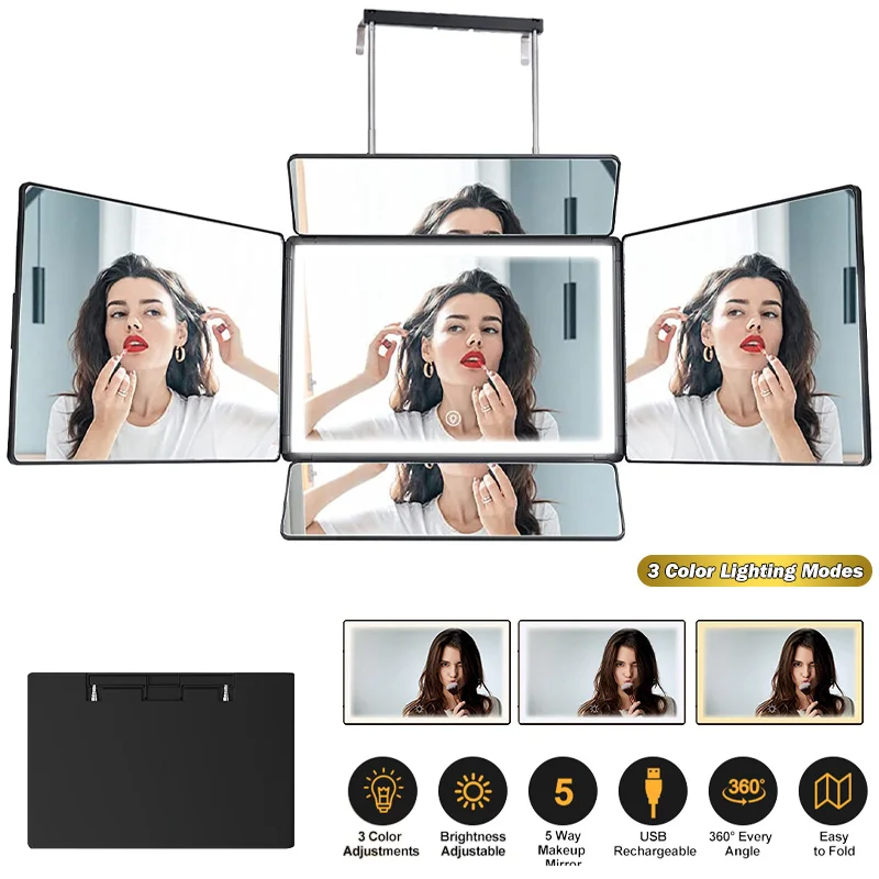 Hanging 3 Way Mirror with LED Lights Trifold Self Haircut Mirror Adjustable  Makeup Mirror 360-degree Viewing Angle Cut Mirror - AliExpress