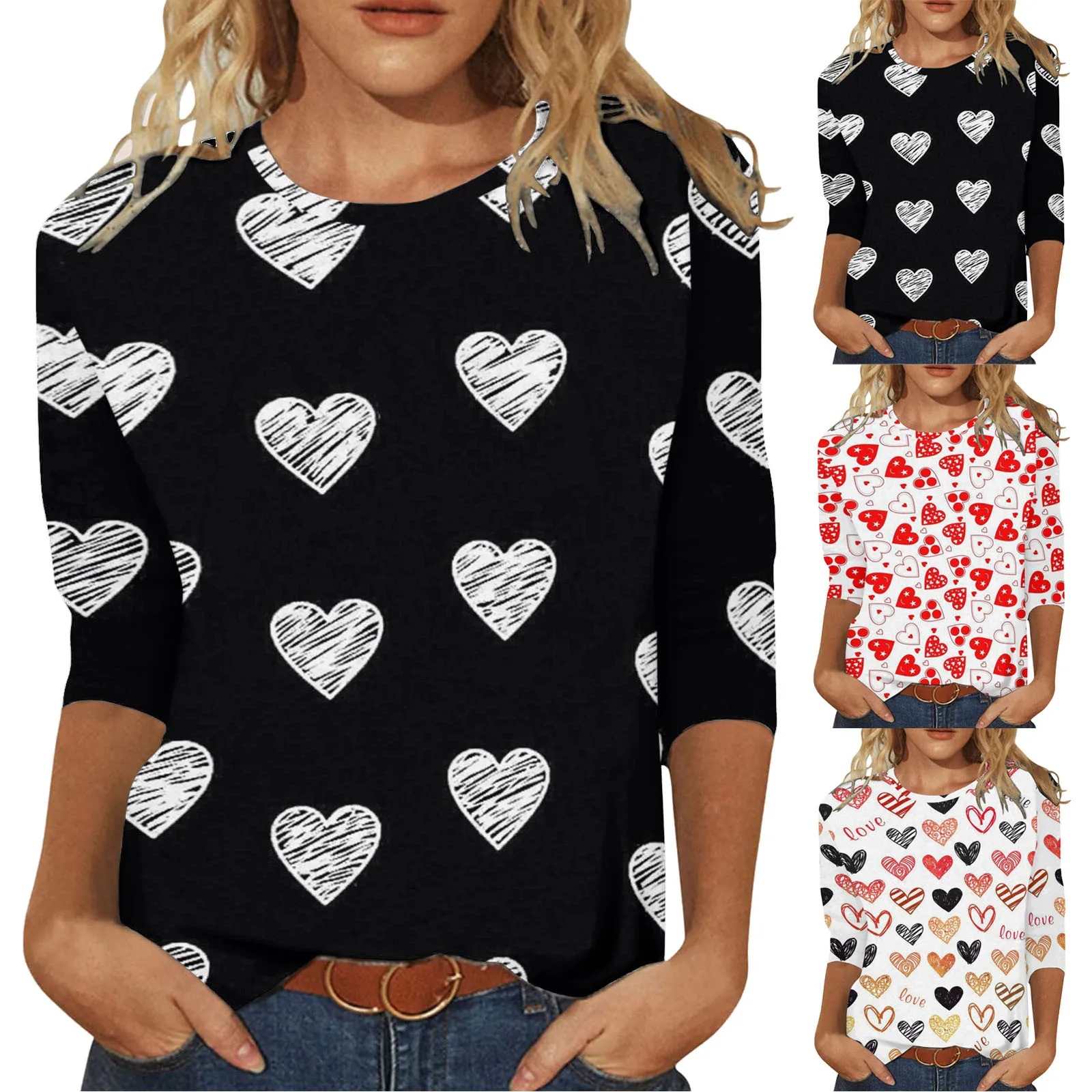 

Valentine's Day Womens Valentine's Day Love Printed Three Quarter Sleeve Round Neck Top Tee Gift For Lovers Couple Clothes