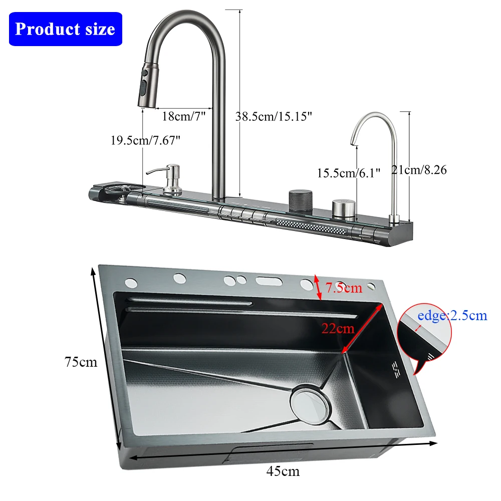 304 Stainless Steel Waterfall Kitchen Sink Large Single Slot Integrated Digital Display Faucet Set Soap Dispenser Cup Washer 6