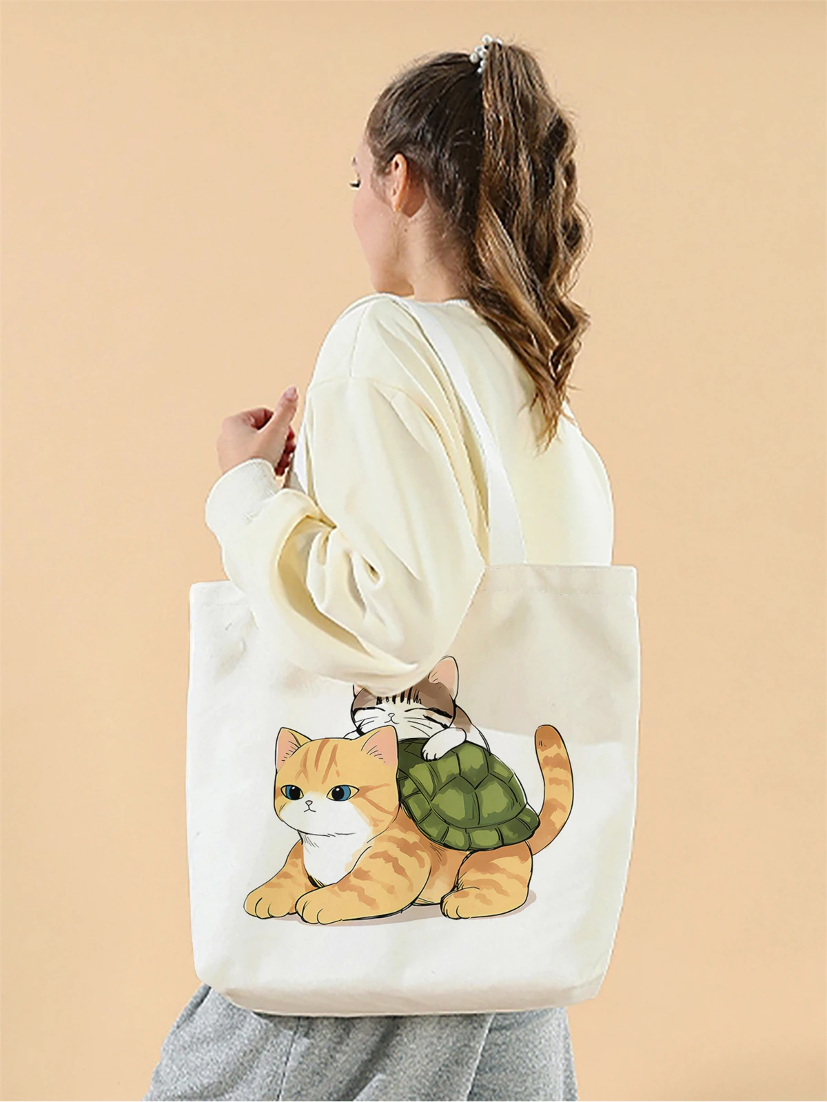 1pc,cartoon cat pattern handbag, reusable fashionable handbag, multifunctional handbag, printed canvas shopping bag
