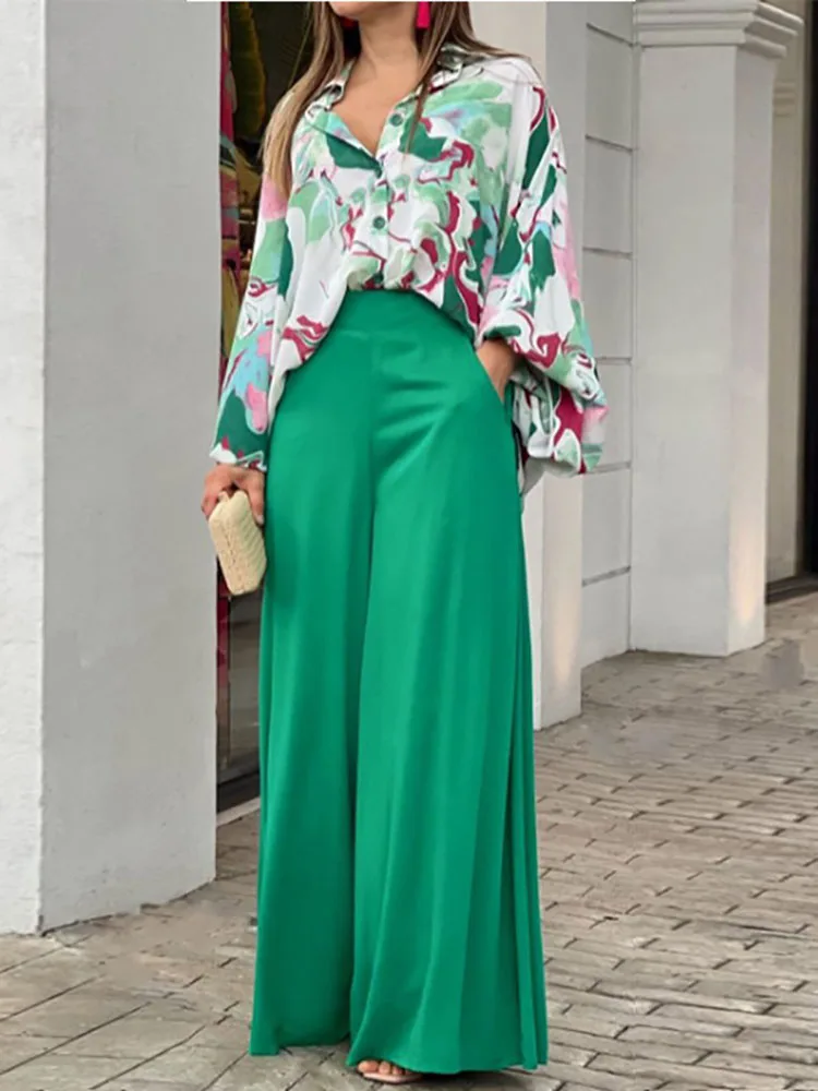 Autumn Casual Women Loose Vintage Boho Print Shirt + Commuter Wide Leg Pants Suits Two Piece Set Lady Fashion New 2022 Outfits