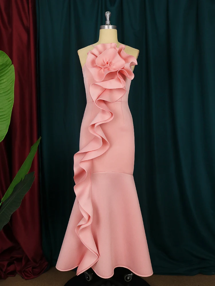 AOMEI Plus Size Mermaid Dress Halter Sleeveless Women Elegant Ruffles Pink Prom Big Flower Sexy African Gowns Evening Celebrate