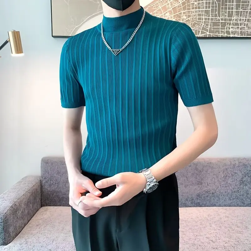 

Complete Elegant Turtleneck Knitted T Shirts Slim Fit Tight Jumper For Mens Summer Top Royal Blue Jumper Sweater Pullover Tee