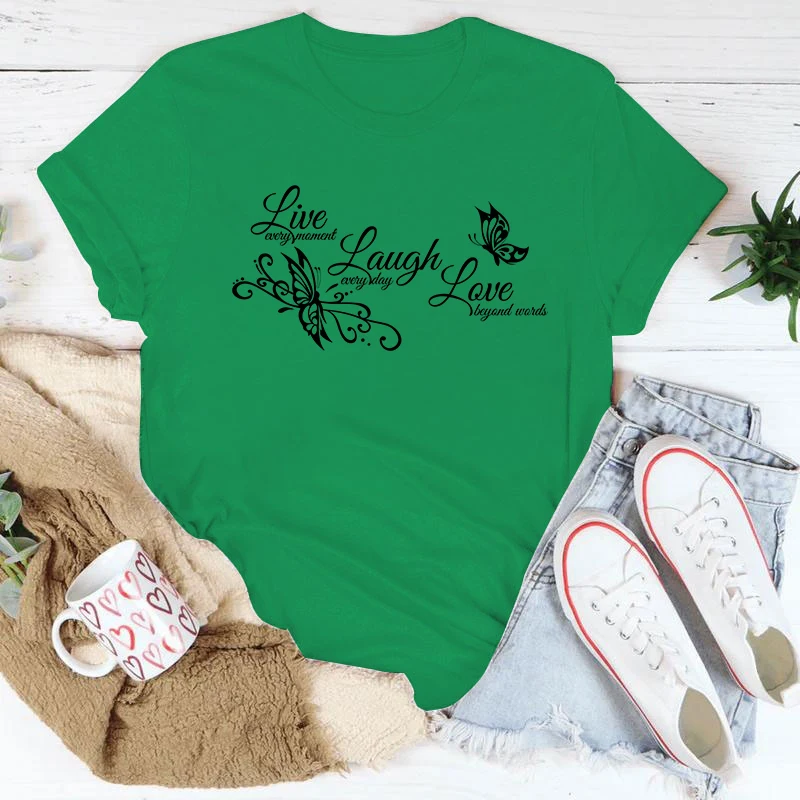 Schmetterling Live Laugh Love Print Sommer Casual T-shirts Für Frauen Kreative O Hals Kurzen ärmeln T-shirts Mode Damen T-shirt – Detail 9