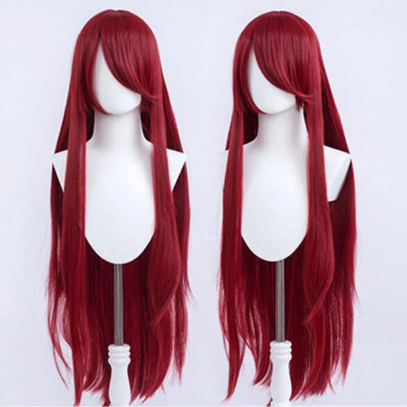 

100cm Long Wine Red Uzumaki Kushina Wig Heat Resistant Full Bangs Synthetic Hair Wig + Wig Cap