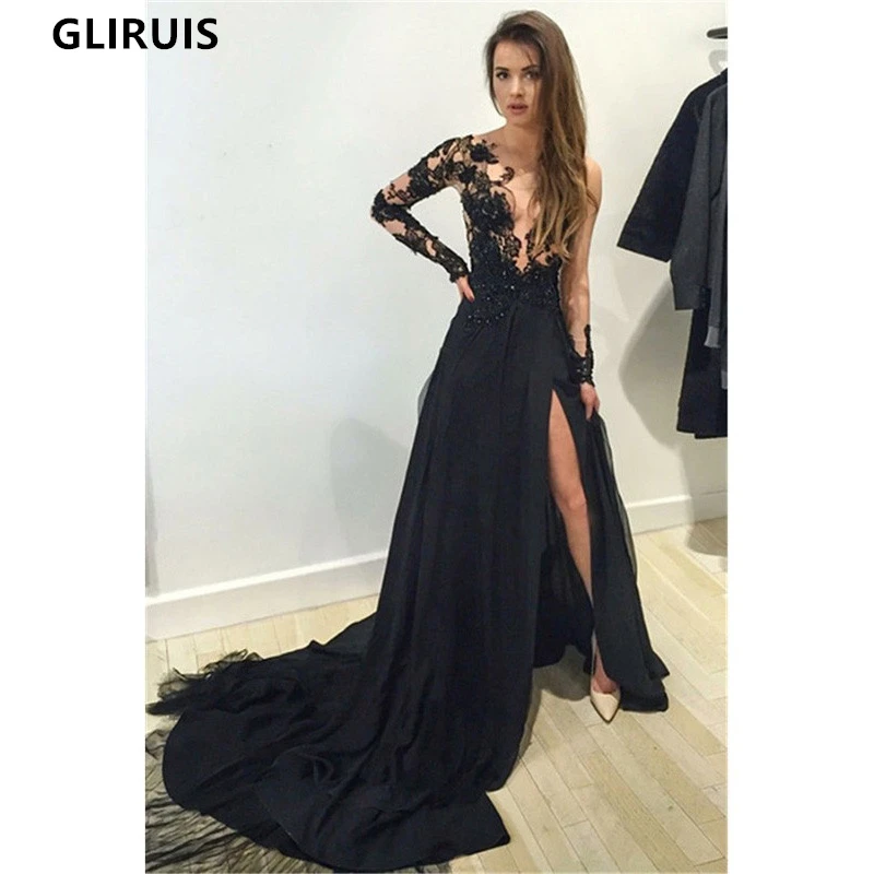 black ball gown Amazing Deep V Neck Evening Dresses Tulle Beading Lace Appliques Full Sleeve Court Train Women Formal Prom Dresses Vestidos formal gowns