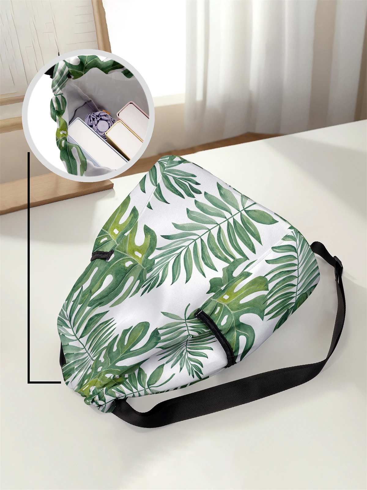 Green Leaf Pattern Drawstring Backpack - Large Capacity Durable Fitness Bag, Adjustable Shoulder Straps, Sports Beach Backpack