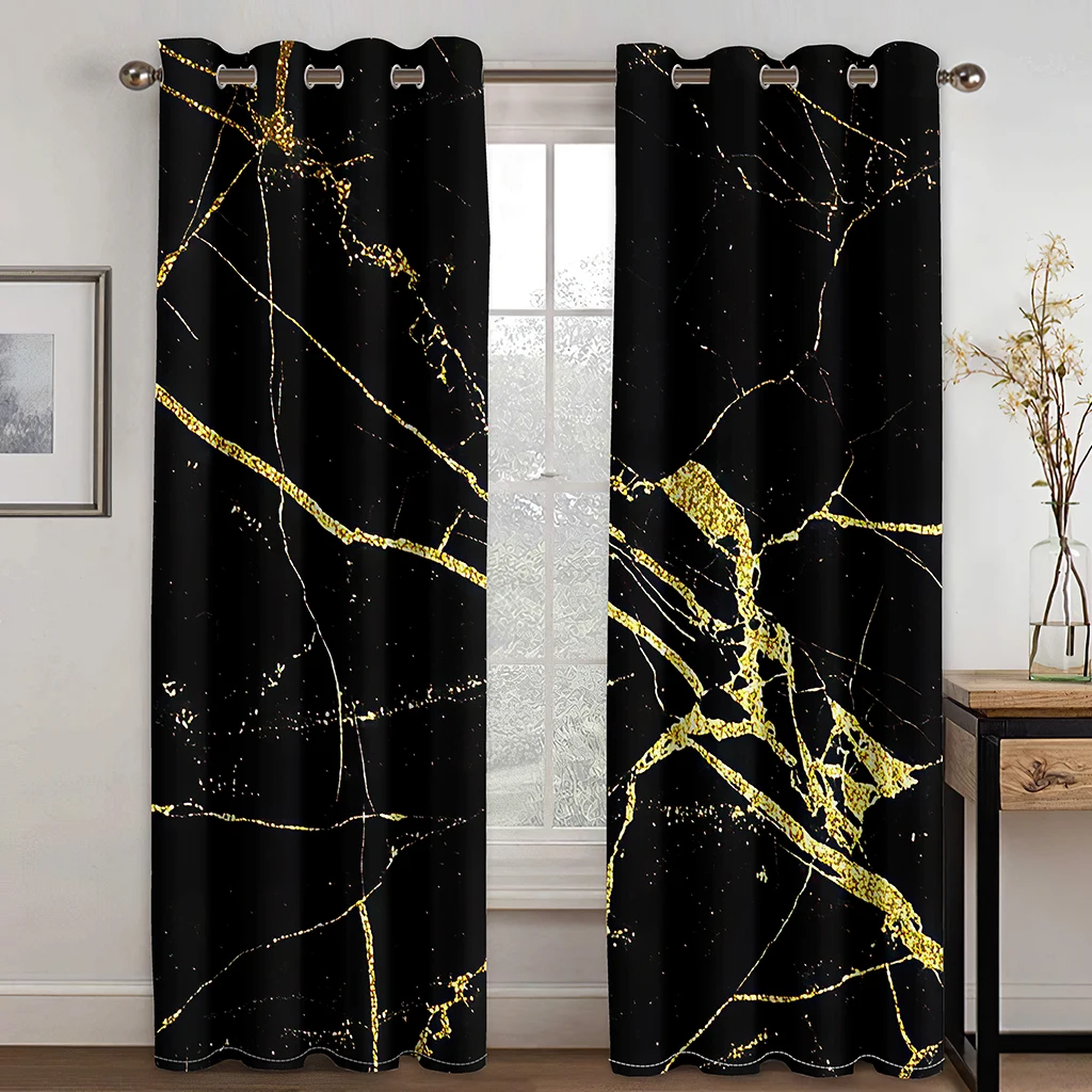 

3D Modern Black Gold Abstract Art Marble Elegant Design 2 Pieces Thin Shading Window Drape Curtain for Living Room Bedroom Decor