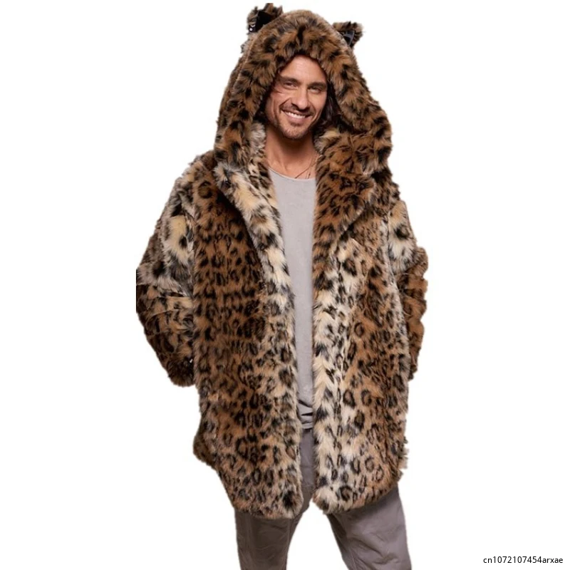 

New Style Couple Imitation Fur Coat Leopard Print Hooded Casual Sweater for Men and Women