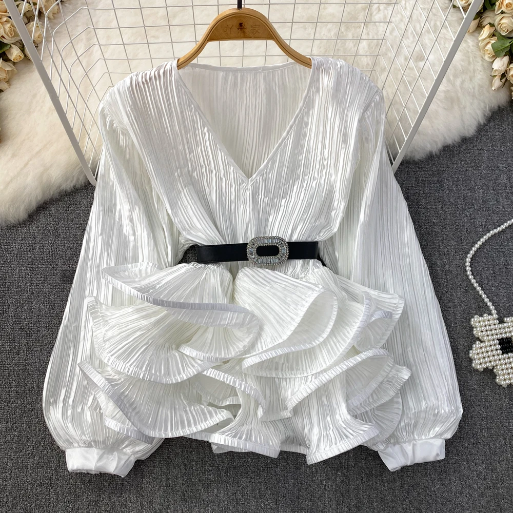 

2023 Spring and Autumn Lantern Long Sleeved V-neck Loose Waist Wrapped Lotus Leaf Pullover Shirt Women's Western Style Top