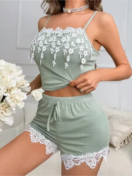 Sexy Lingerie Summer Sleeveless Tops Shorts Set Women's Alluring Homewear Two-Piece Set Unique Sleepwear Clothing Set 2
