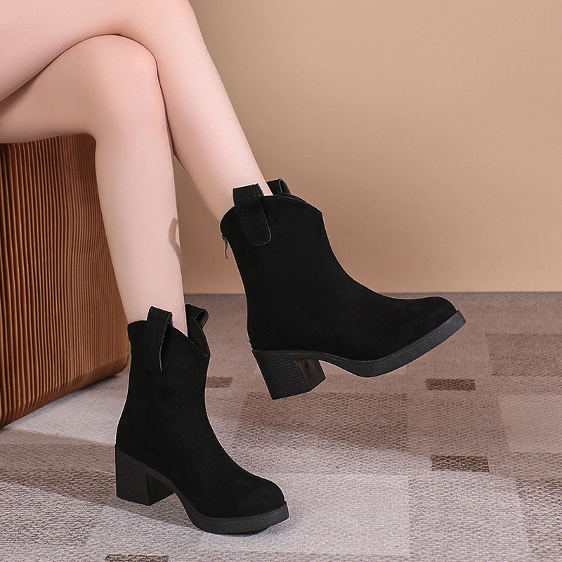 

Женские ботинки на молнии, зимние однотонные ботинки из флока с круглым носком, на массивном каблуке, обувь в римском стиле, 2023