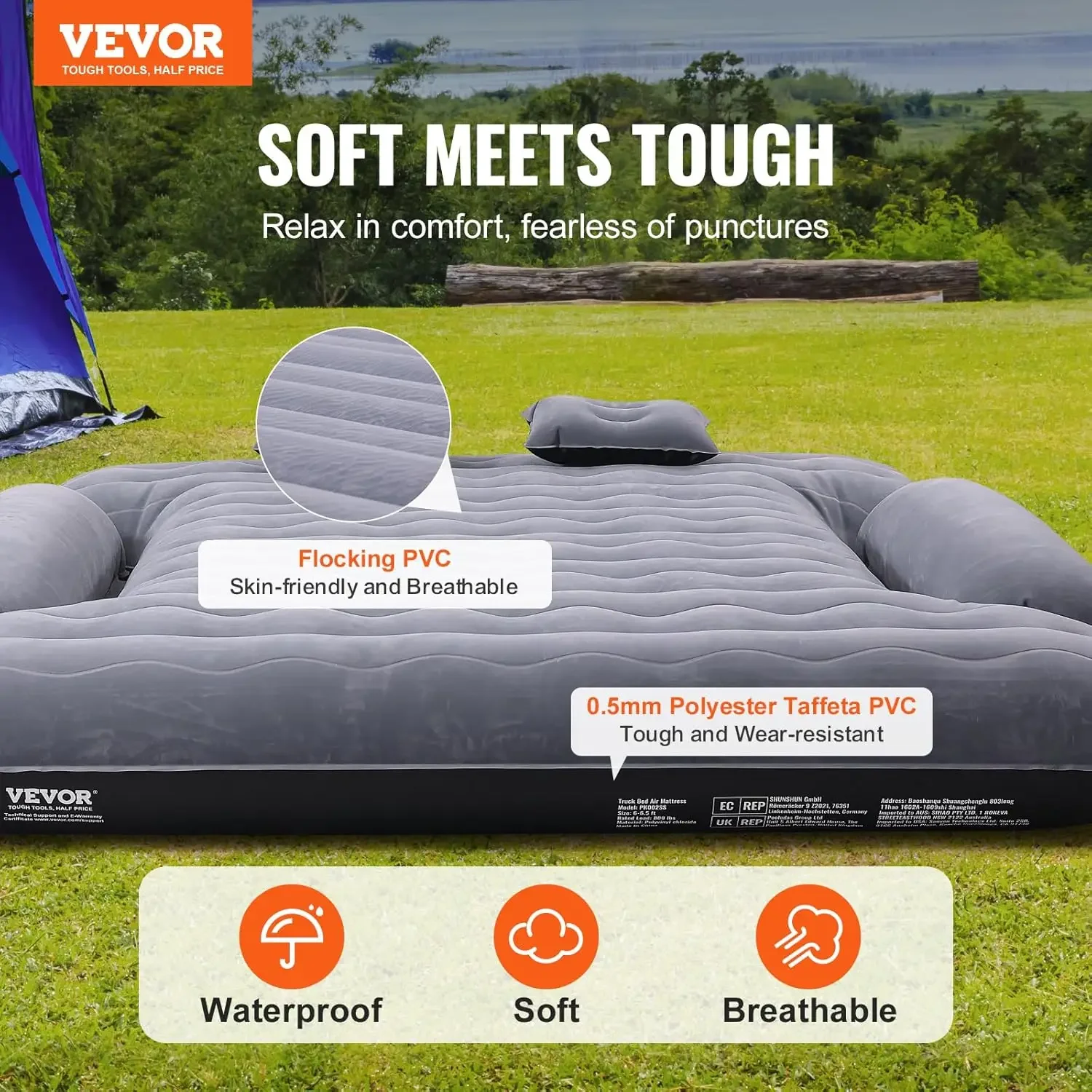 Truck Bed Air Mattress, for 6-6.5 ft Full Size Truck Beds, Inflatable Air Mattress Bed with 12V Air Pump 2 Pillows 2
