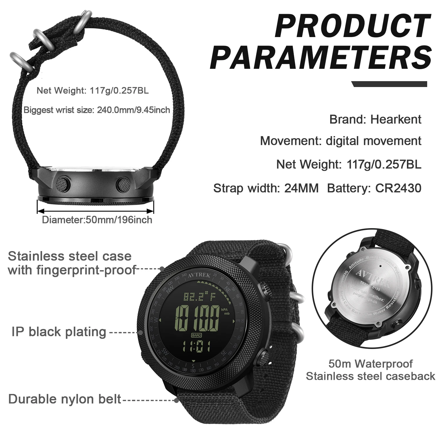 Avtrek Sport Digital Watch Military Army Watches Men's Outdoor Hiking Compass Waterproof Altimeter Barometer Tourist Wrist Watch 6