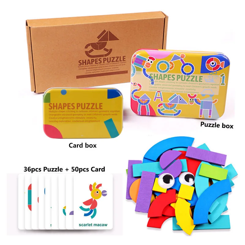 Geometric Wooden 3D Puzzle Tangram Jigsaw Montessori Educational Toy Set with Storage Box