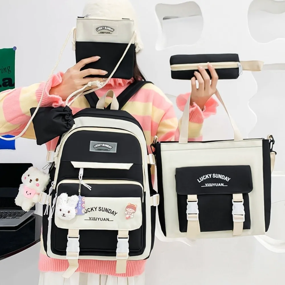 5 Pcs New Large Capacity Backpack Set Breathable Multifunctional Student Schoolbag Buckle Pencil Bag College 2